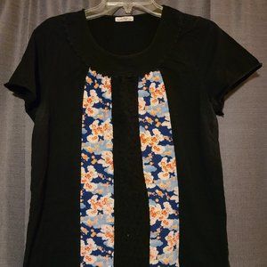Japanese Mixed Fabric Floral Size L Black and Blue Top